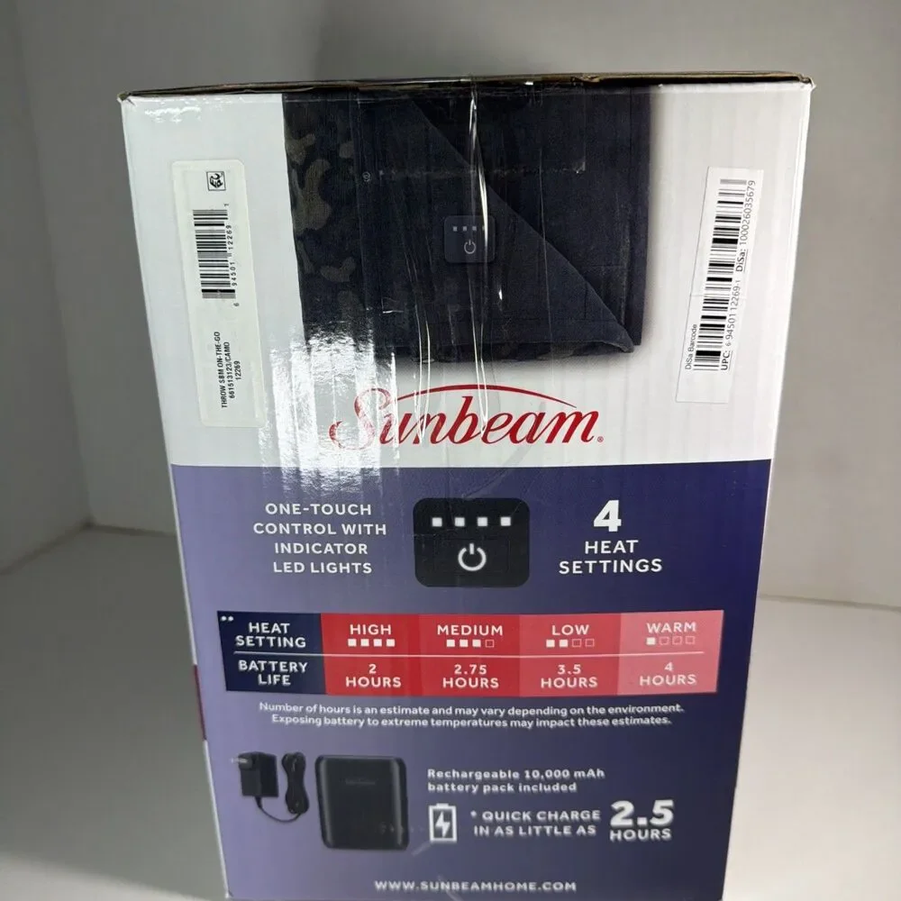 Sunbeam On-the-Go Cordless Heated Throw Blanket Microplush 4 Heat Settings 4 Hr